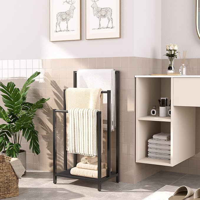 HOOBRO Free Standing Towel Rack, 3 Tier Blanket Rack, Blanket Holder for Bathroom, 16.9" L x 11" W x 31.9" H, Industrial Metal Drying and Display Rack with Shelf, Black BB03LB01