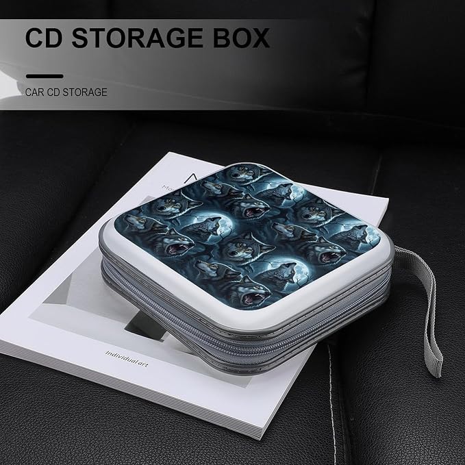 Portable 40-Disc CD Storage Binder Moon Wolf, Hard Case Wallet with Handle, Protective Organizer for Movies Music Travel