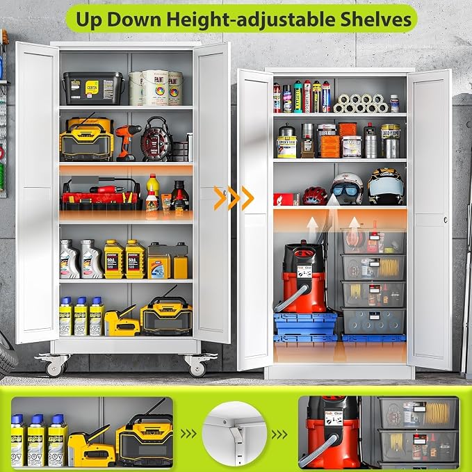 71-Inch Metal Garage Storage Cabinet with Wheels, Locking Doors and Shelves | 4 Adjustable Shelves, Locking Doors, Magnetic Closure, 360° Casters, Anti-Tip Kit, Cold-Rolled Steel