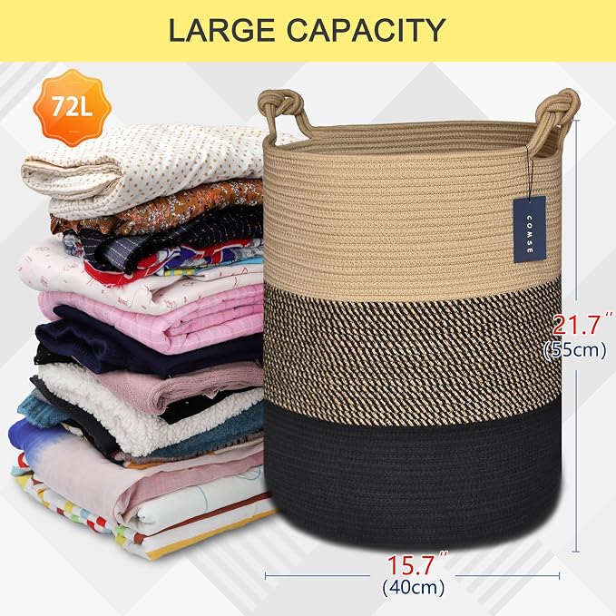 COMSE Tall Woven Blanket & Laundry Basket, 72L, Brown & Black | 15.7”x 21.7”, Cotton Rope, Large Nursery Hamper for Storage of Toys Clothes Towels, Great for Living Rooms Bedrooms Bathrooms