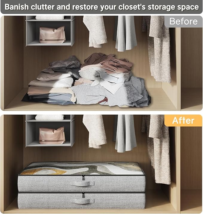 2-Pack Under Bed Storage Containers, 4.5 Inches Tall Clothes Storage, Grey | Low Profile Collapsible Underbed Organizer Bin with Sturdy Sidewalls/Bottom, Cotton-linen, For Seasonal Clothes & Bedding