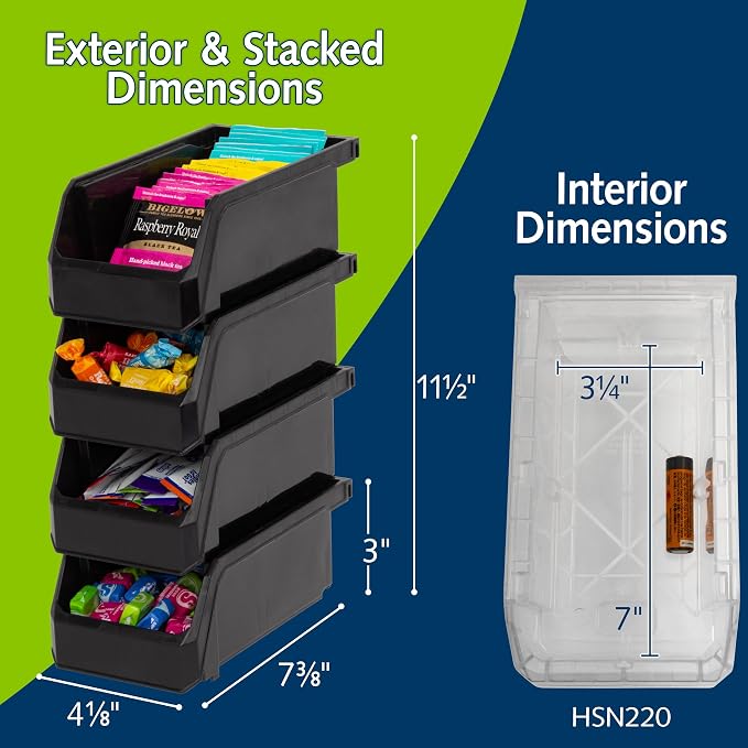 Small Stackable Plastic Storage Bins, 12-Pack, Black | Open-Front Stackable Bins For Garage, Pantry, Closet & Office, 7"L X 4"W X 3"H, Nests When Empty, Durable Plastic
