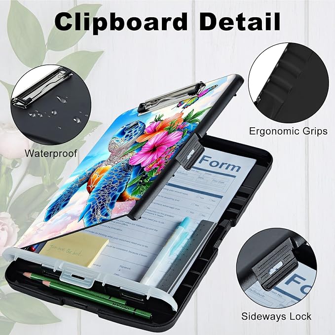 A4 Clipboard with Storage Pen Holder, Clipboards Organizer Nursing Clipboard Foldable File Folder Plastic Clipboard Folio Clip Board for Office Work Classroom Doctor, Turtle Pink Flower