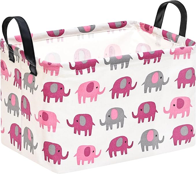 Baby Storage Basket Nursery Box Laundry Hamper Organization Bins for Toys and Clothes with Handles (Pink Elephant)