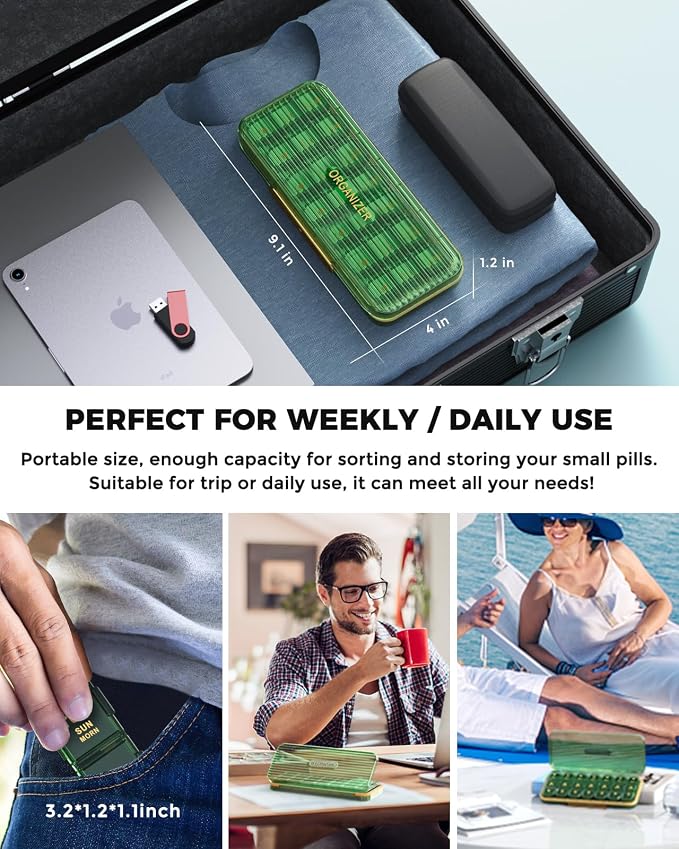 Acedada Pill Organizer 3X A Day, 7-Day Pill Box 3 Times A Day, Green | Weekly Medicine Box Organizer, 7 Detachable Portable Daily Pill Container Dispenser Case for Vitamins Fish Oils Supplements