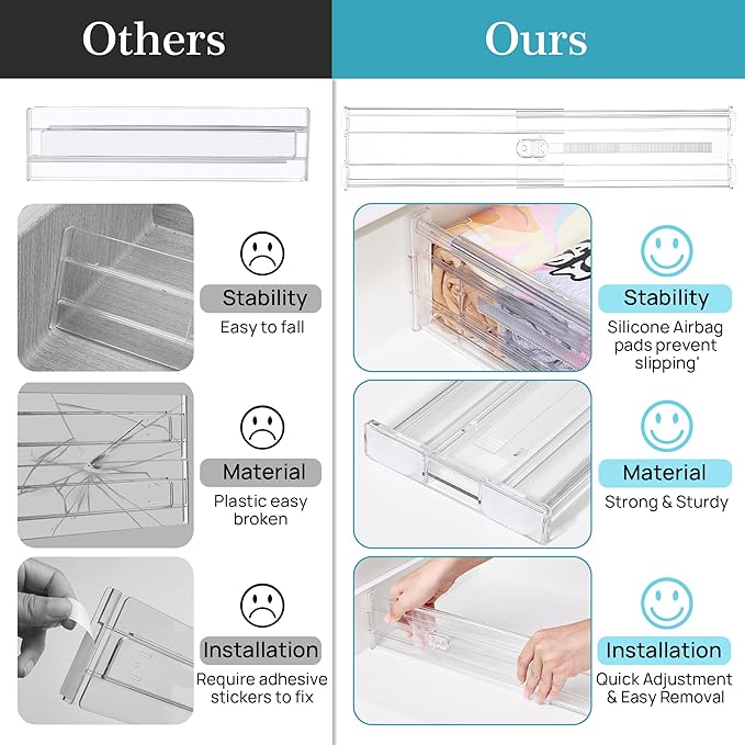 Vtopmart 4" Regular Upgrade Drawer Divider for Clothes, 12.8"-22.3" 12 Pack | Expandable Dresser Drawer Organizer, Clear Separator, Baby Clothing, Underwear, Cosmetics, Toiletries Storage, Space Saving