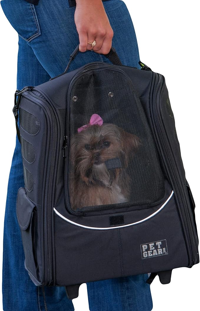 Pet Gear I-GO2 Escort Roller Backpack, Travel Carrier, Car Seat for Cats/Dogs, Mesh Ventilation, Included Tether, Telescoping Handle, Storage Pouch, Onyx