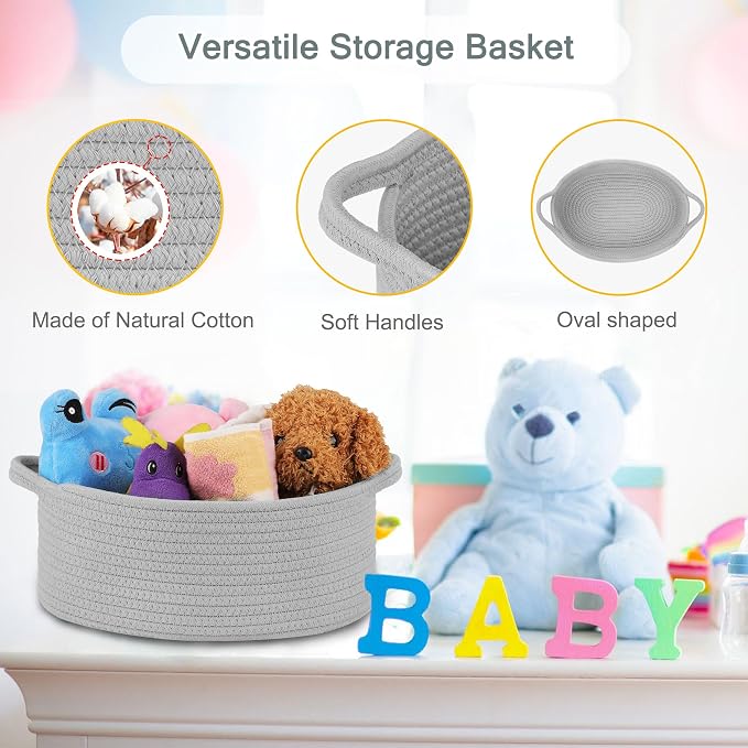 COMSE Empty Small Gift Basket with Bag & Ribbons, Cool Gray | Cotton Rope, 12"x 8"x 5", Baby Toy Organizer, Stores Small Items for Bedrooms, Nurseries, Bathrooms, Living Rooms, Offices