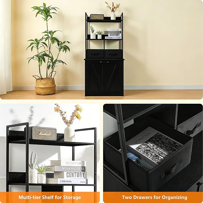 Dwanton Cat Litter Box Enclosure, 2 Storage Shelves and 2 Drawers, 50" H | 2-in-1 Hidden Cat Litter Box Enclosure Furniture with Shelf, Metal Frame, Reversible Entrance, Washable Drawers, Black