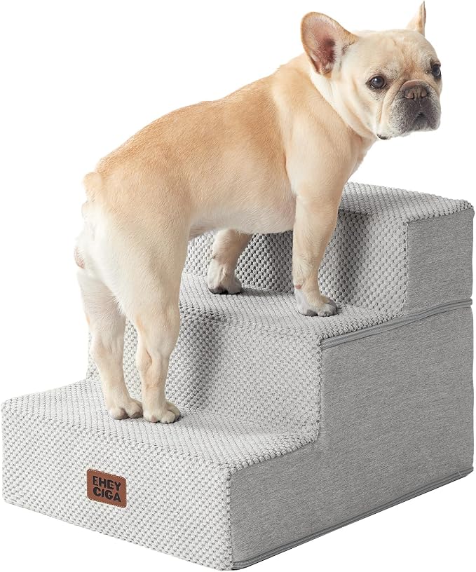 EHEYCIGA Dog Stairs for Small Dogs 13.5" H, 3-Step Dog Steps for Cats, Light Grey