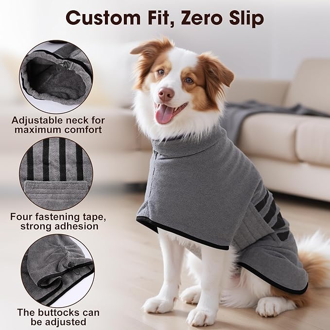 Microfibre Dog Bathrobe Towel Wrap Super Absorbent Dog Drying Coat Bath Robe for Puppy, Medium & Large Dogs, Fast Drying, Adjustable