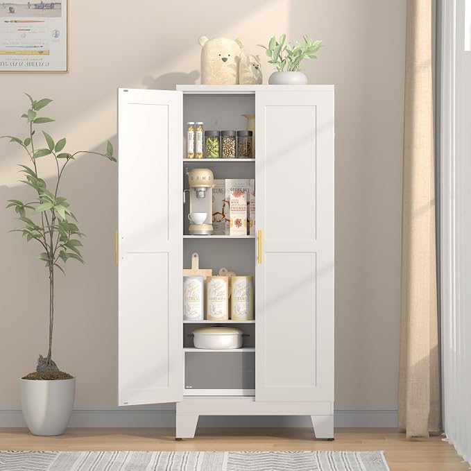GAIOUS 61.02" Metal Pantry Cabinet, White Kitchen Pantry Storage Cabinets | with Adjustable Shelves and Feet, Pantry Storage Cabinet for Kitchen, Dining Room, Living Room, Bathroom, Linen Craft cabinet
