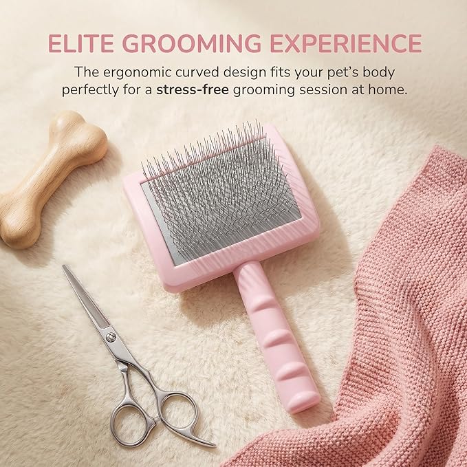 Professional Dog Slicker Brush for Poodles, Goldendoodles & Long-Haired Dogs – 25mm Extra Long Pins, Gentle Dematting & Detangling Tool for Thick Curly Coats, Non-Slip Ergonomic Handle (pink, L)