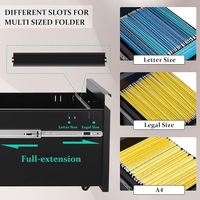 3-Drawer Mobile File Cabinets Rolling Metal Filing Cabinet for Legal & Letter File Anti-tilt Design with Lock Under Desk Office Drawers,Requires Assembly,Black