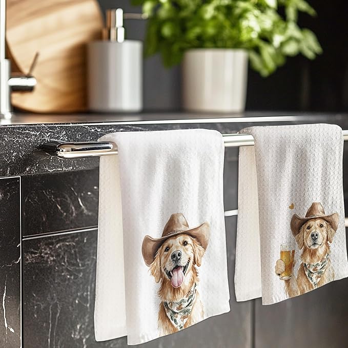 Cabana Bro Funny Cowboy Golden Retriever Kitchen Towels, Golden Retriever Gifts for Women Men, Dog Lover Gifts Decorative Hand Dish Tea Towels for Kitchen Bar Cart, 16x24 Inch Set of 2