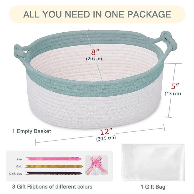 COMSE Small Gift Basket Empty with Bag & Ribbons, Light Green & White | Cotton Rope, 12"x 8"x 5", Pet Toy Storage Organizer, Woven Basket for Birthdays, Baby Showers, Mother’s Day, Valentine’s Day