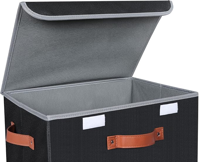 Univivi Fabric Storage Cubes with Lids, Stackable Storage Box, Black, 3 PCS | Heavy Duty, Large Capacity, Leather Handle, Oxford Fabric, Sturdy PP Board, Storage Bins for Bedroom, Closet, Nursery, Office