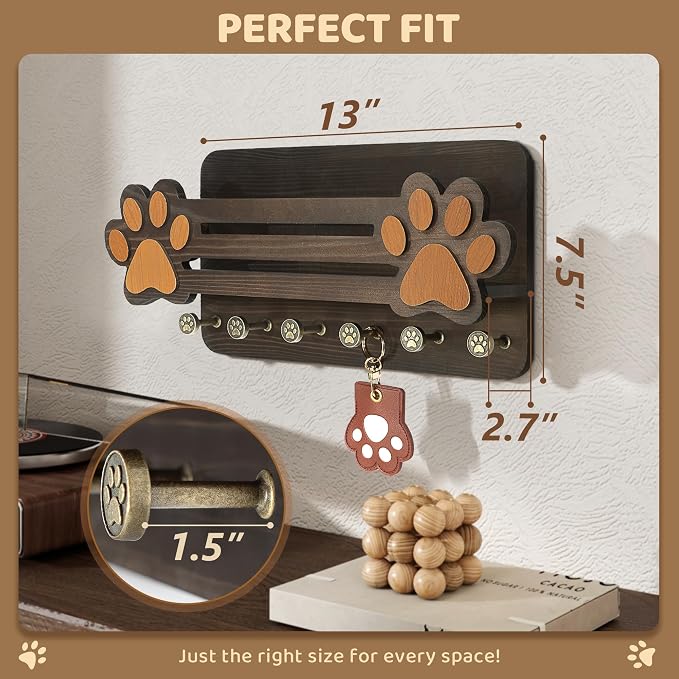 MTERSN Dog Leash Holder for Wall with Floating Shelf & 6 Hooks, Dark Brown | 3D Paw-print Design, Mail Organizer Store Dog Stuff, Cute Dog Accessories Organizer with Shelf, Ideal for Farmhouse Decor