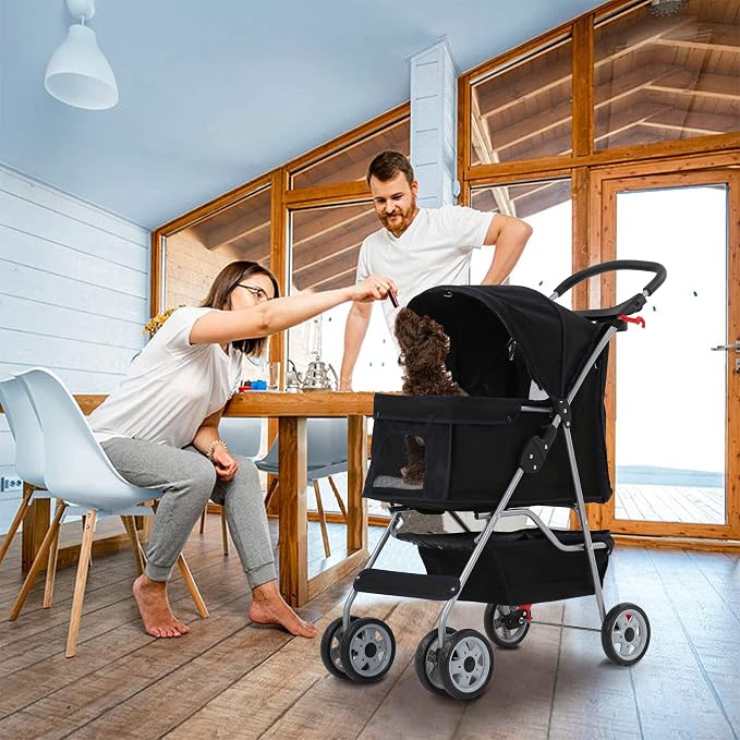 Pet Stroller,4 Wheels Dog Stroller with Storage Basket,Compact Portable Folding Carrier for Travel,Camping,Dog Carrier for Small Medium Dogs Or Cats,Lightweight Waterproof Pet Stroller,Black