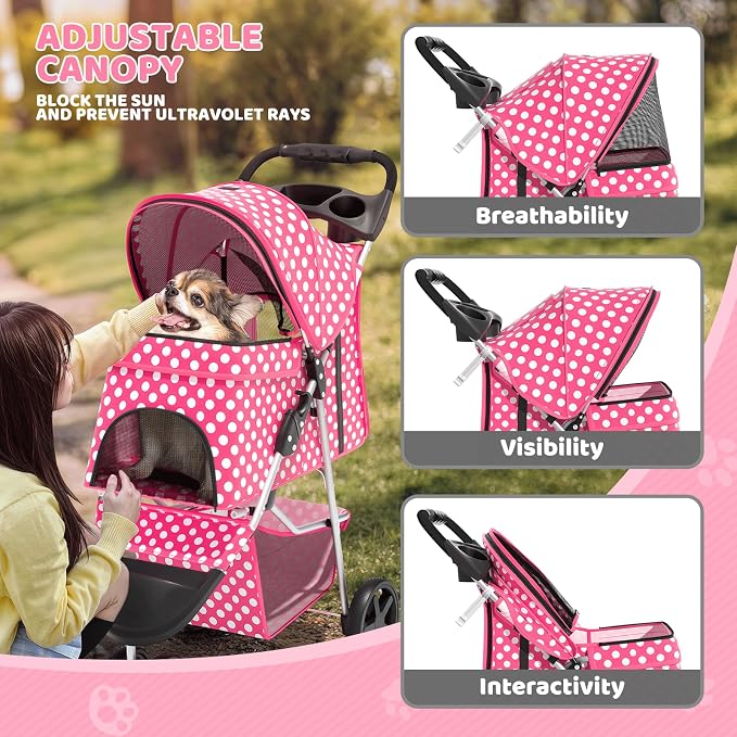 Magshion 3-Wheel Pet Stroller for Small/Medium Dogs & Cats, Up to 33lbs | Foldable Travel Jogger w/ Breathable Mesh Cover, Lightweight Design, Safety Tethers, Cup Holder & Storage Basket