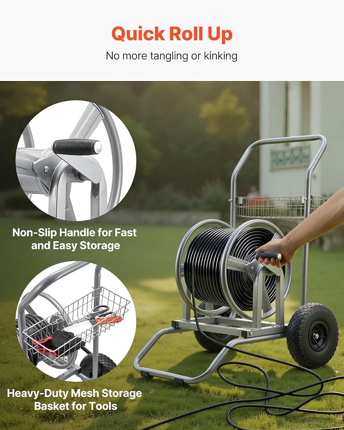 VEVOR Hose Reel Cart, 200/300ft High-Pressure Garden Hose Cart, Hoses Reel Carts with Two Wheels, Handle & Heavy-Duty Mesh Storage Basket, Dual-Purpose Portable Hoses Reels for Garden, Car, Pet