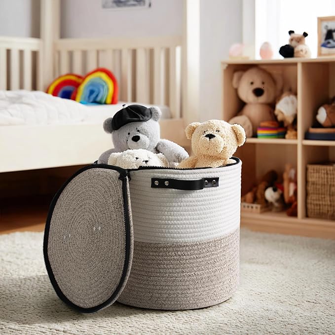 Storage Basket with Lid, 15"x13" Round Woven Blanket Storage for Living Room, Decorative Cotton Rope Hamper with Zipper Top, Wicker Basket with Lid, Floor Covered Kids Dog Toy Bin