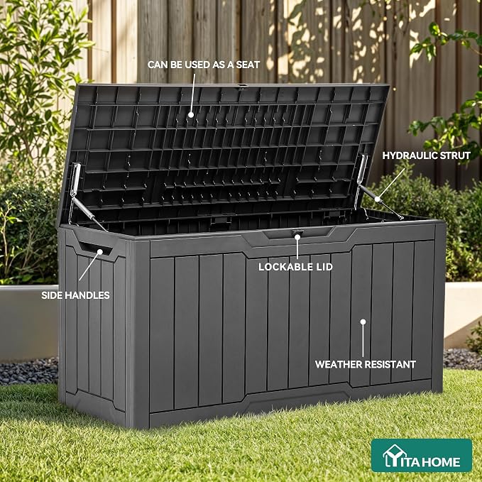 YITAHOME 80 Gallon Resin Deck Box | Weather Resistant Outdoor Storage Box, Lockable Indoor Outdoor Storage for Supplies and Essentials, Dark Gray