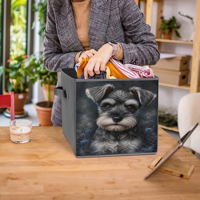 Schnauzer Dog Portrait With Blue Flowers Storage Bin with Handles, Oxford Fabric Foldable Storage Cube Organizer for Clothes, Towels, Bedroom, Living Room, Home Organization