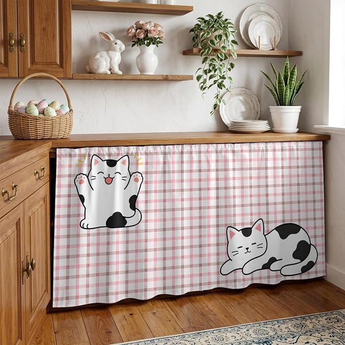 Cute Cat Sink Skirt for Bathroom, Self-Adhesive Under Sink Curtain, Pink Brown Checked Modern Pet Cats Rustic Hide Pipes & Storage Fabric Cabinet Skirt Cover for Kitchen Laundry 32"x55"