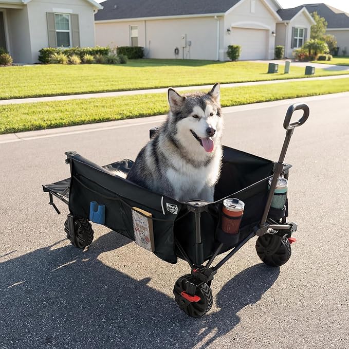TIMBER RIDGE 600L Beast Wagon 26" W Extra Wide All Terrain Folding w/Big Wheels, Cargo Net & Tailgate, 400lbs Heavy Duty Portable Cart 54.5" L Large Collapsible Wagons for Camping, Sports, Dogs, Black