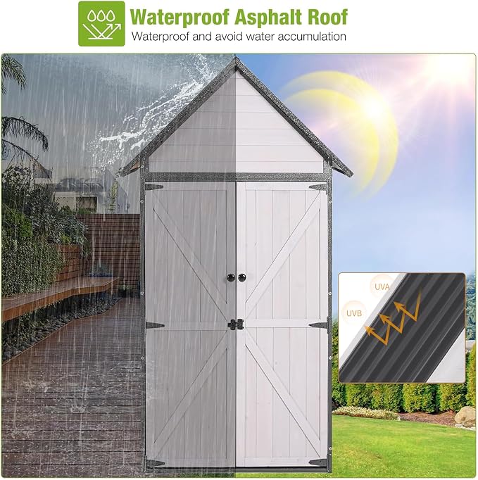 GUTINNEEN Outdoor Storage Shed with All Around Strong Metal Frame, Wooden Tool House with Floor & Adjustable Shelves, Garden Tool Sheds Cabinet for Backyard Garden Patio Lawn 67.1" H (Black＆White)