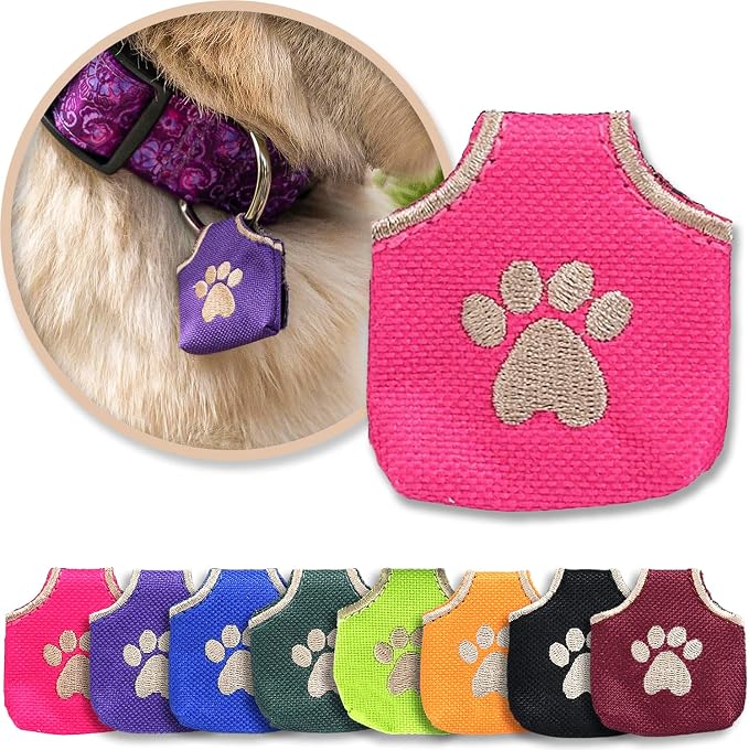 Woofhoof Dog Tag Silencer, Pink Pawprint - Quiet Noisy Pet Tags - Fits Up to Four Pet IDs - Dog Tag Cover Protects Metal Pets IDs, Made of Durable Nylon, Universal Fit, Machine Washable