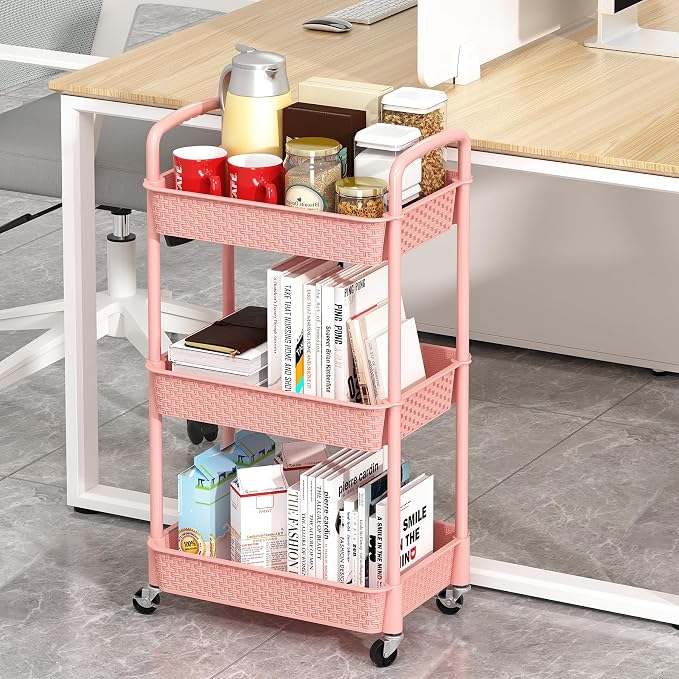 MOYIPIN 3-Tier Plastic Rolling Utility Cart with Handle,Utility,Pink | Utility Storage Cart for Office, Living Room, Kitchen,Movable Storage Organizer，Easy installation，Rattan-like art design