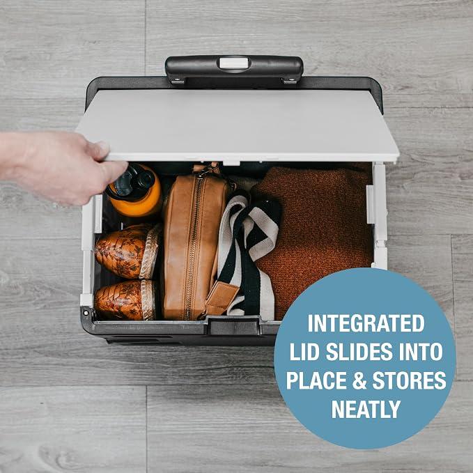 CleverMade Collapsible Rolling Crate with Lid, 35L, 4-Wheel, Cool Gray | Move Heavy Supplies in Any Direction | Four Swivel Wheels and a Telescoping Handle Guide 75 lb, Then Fold to 3.5 Inches