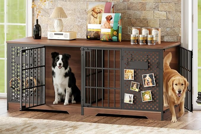 HOOBRO 71" Dog Crate Furniture for 2 Large Dogs, Heavy Duty Indoor Kennel with Removable Divider & Name Tags, TV Stand Cage Furniture for Medium & Large Dogs, Walnut & Black BH84GW03