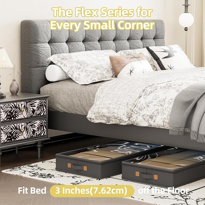 FHSQX Under Bed Storage Container 3 Inches Low Profile Under-bed Organizer Bins Slim Under Couch Storage Box Ideal For Seasonal Clothes Blankets Towel Fabric (1, Black, 31.5 * 17 * 3in)