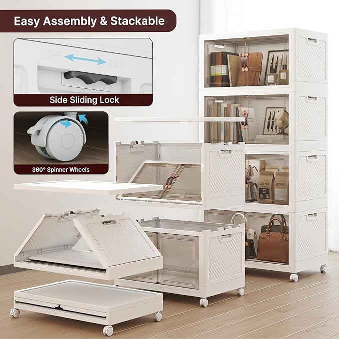 Stackable Storage Bins with Lids, 440QT Lockable Storage Cabinet | Closet Organizers, Foldable Storage Box with Doors and Wheels, Plastic Drawers for Home, Garage, Office (4, White, Plus)