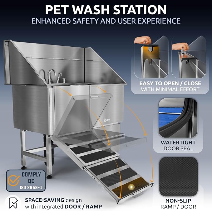 Professional Dog Washing Station 304 Stainless Steel Pet Wash Sink | Grooming Bathtub w/Shower, Floor Grates and Storage for Large, Medium & Small Pets (Silver, 50 Inches, Left Ramp, 1 Drawer)