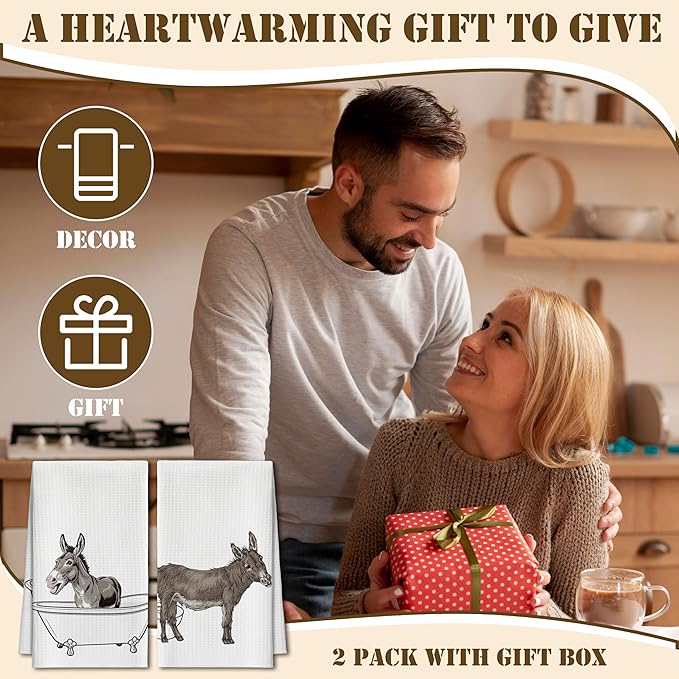 Bath Towels Set of 2, Cute Funny Donkey Dish Towel for Bathroom Spa Kitchen, Bathing Donkey Decorative Hand Towels, Fast Drying Tea Towel, Farmhouse Housewarming Xmas Gifts for Women Mom -B26