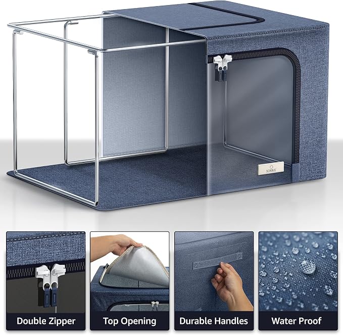 Sorbus Clothing Storage Bins with Clear Window, Metal Frame (4 Pack, Blue) | Oxford-fabric containers with carry handles stack neatly to organize bedding and linens in closets and laundry rooms.