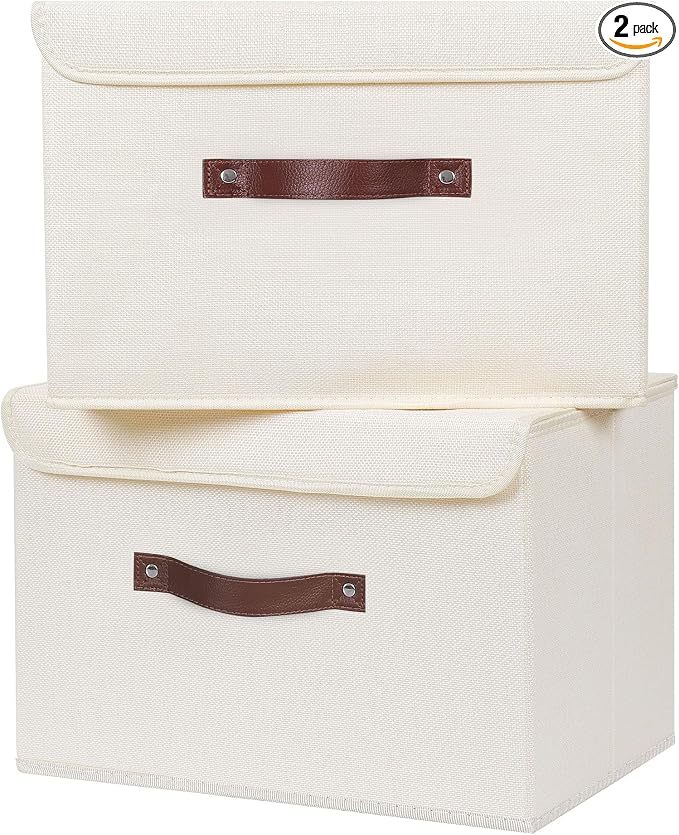 ANMINY Fabric Storage Box Bins with Lids, Beige, 15"x10"x10", 2 Pack | Keepsake Memory Storage, Cotton Linen, PP Board Reinforced, Washable, PU Handles, Foldable & Stackable, Decorative, Large