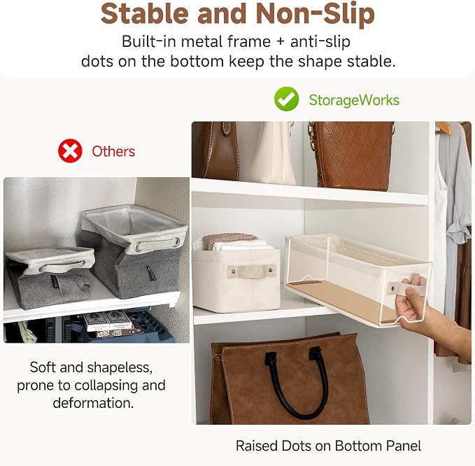 StorageWorks Narrow Storage Bins, Toilet Paper Storage, Beige, 2-Pack | Cottlyn Fabric, With Metal Frame, Sturdy Structure, Reinforced PU Handles, Small Baskets for Bathroom, Closet, Shelf