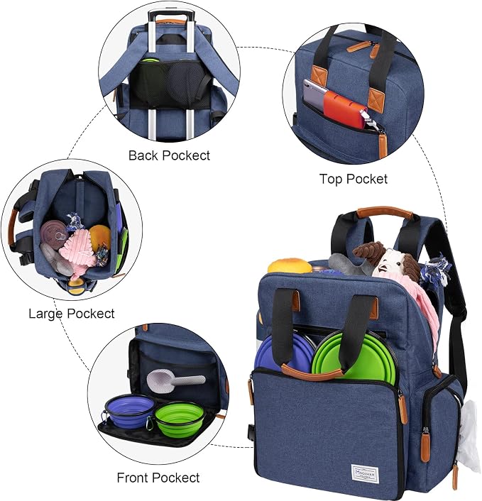 Modoker Dog Travel Backpack Set with 2 Food Bags, 2 Bowls and 1 Mat, Blue | Water-Resistant Oxford Fabric | Roomy Main Compartment | Multiple Functional Pockets | Stroller Strap | Leak-Resistant Lining