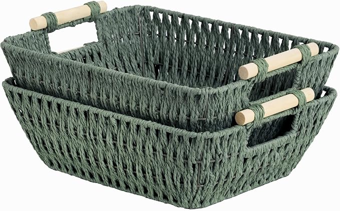 StorageWorks Wicker Storage Basket, Baskets for Storage, Bosana Green | Wicker Storage Baskets for Shelves, Baskets with Wooden Handles, 2-Pack Gifts Basket for Home Decor, Hand-Woven Basket