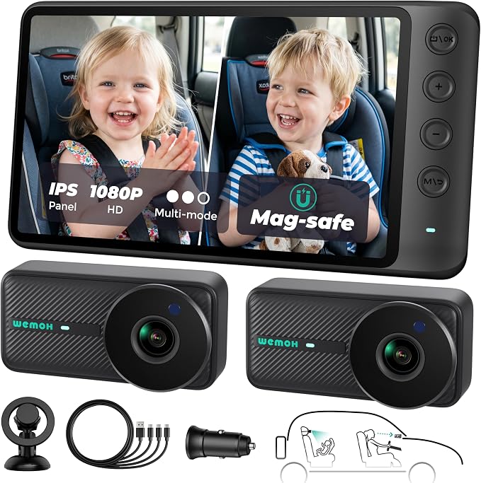 Magnetic Double Car Camera for 2 Baby with 5" 1080P IPS Monitor