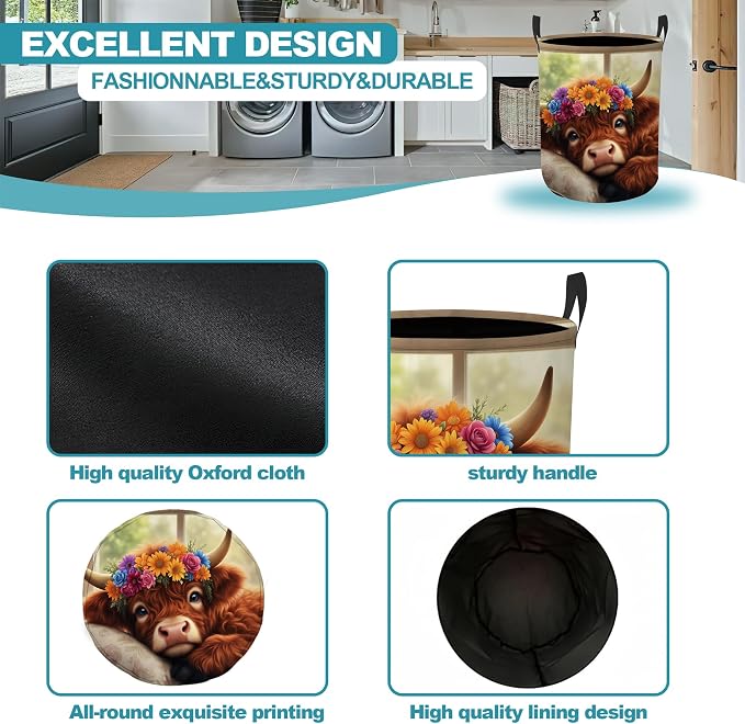 Highland Cow Floral Portable Laundry Hamper,Farmhouse Cozy Collapsible Clothes Basket with Handles,Waterproof Oxford Cloth Organizer for Dorm Bedroom Bathroom Nursery,16 x 20 Inch