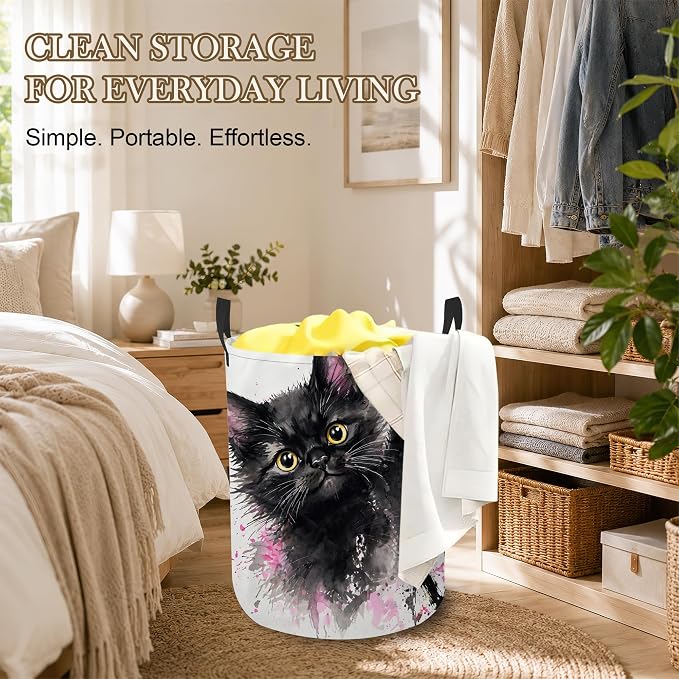 Black Kitten Laundry Basket Oxford Cloth Pink Paw Laundry Hamper With Handle Foldable Portable Clothes Storage Basket Storage Bag For Laundry Room/Bathroom/Bedroom/Dormitory 20.8"x16"