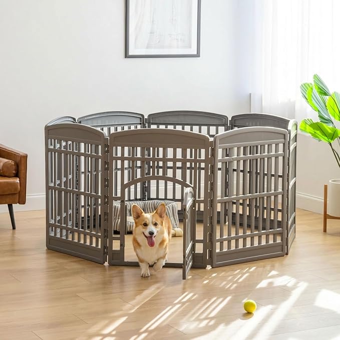 IRIS USA 8-Panel Dog Playpen, Pet Enclosure, Gray | Safe Play Zone, Configurable Layout, Custom Pen Configuration, Multi-Shape Setup, Stable Non-Tip Base, Secure Door Latch