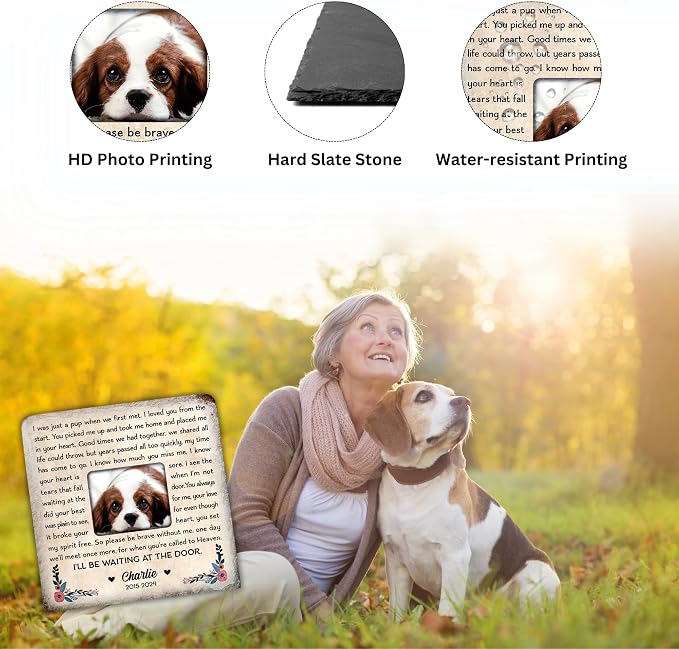 Wrappiness Pet Memorial Stone - I Will Be Waiting at Door, Personalized Dog Memorial Gifts, Remembrance Condolences Bereavement Gifts for Loss of Pet Custom Photo (Square 02, Stone with Stand)