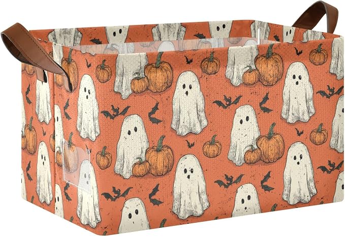 Fall Halloween Ghost with Pumpkin Storage Basket Foldable Cube Storage Bins with Handles&Label Waterproof Organizer Box Bin Large Rectangle Decorative Baskets for Shelves Home Room Laundry Party